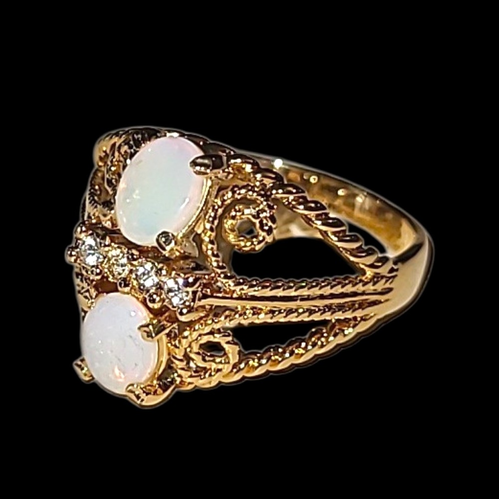 Vintage 18K HGE Genuine Opal CZ Cocktail Ring Filigree Openwork Gold Sz 4